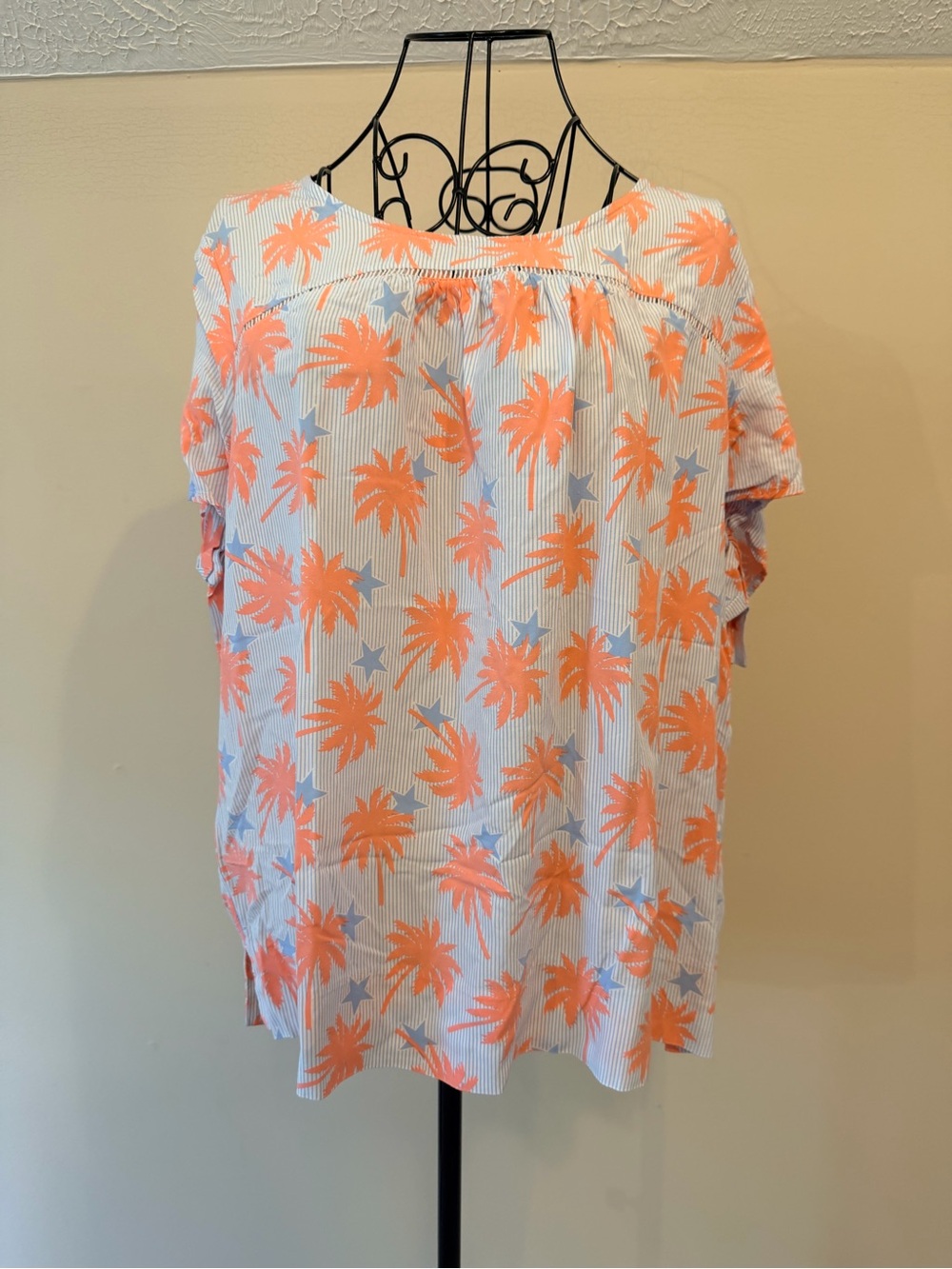 Woman's Crown & Ivy Palm flowy blue and coral beach/coastal tie sleeve top SZ XL